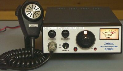 Zodiac Gemini
Typ:VHF-Gerät
Frequenz:144-148 MHz
Kanäle:12
Modulationsart:FM
Leistung:1/15 Watt
Hergestellt ab: 1976
Sonstiges: Hersteller Uniden




Schlüsselwörter: Zodiac Gemini