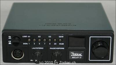 Zodiac Milan
Typ:CB-Gerät
Frequenz:27.005-27.135 MHz
Kanäle:12
Modulationsart:AM
Leistung:0,5 Watt
Hergestellt ab: 1979
Schlüsselwörter: Zodiac Milan