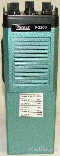 Zodiac P-3206
Typ:Betriebsfunkgerät
Frequenz:27-31 MHz
Modulationsart:FM
Kanäle:6
Leistung:2 Watt
Hergestellt ab: 	1992

Schlüsselwörter: Zodiac P-3206