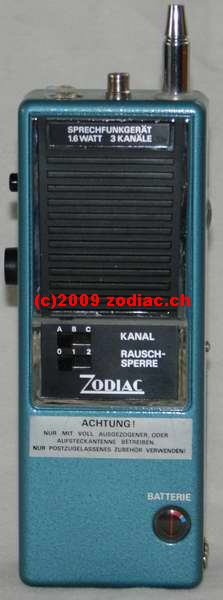 Zodiac P-1603CH
Typ:CB-Gerät
Frequenz:27 MHz
Modulationsart:AM
Kanäle:3
Leistung:0,5 Watt
Hergestellt ab:1975
Schlüsselwörter: Zodiac P-1603CH