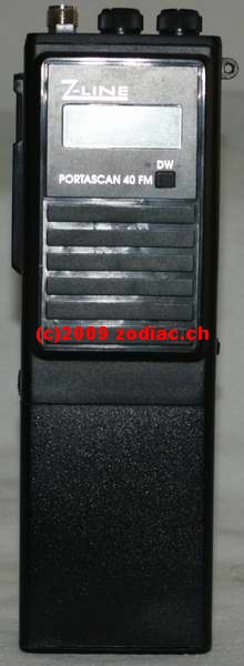 Zodiac Z-Line Portascan
Typ:CB-Gerät
Frequenz:26.965-27.405 MHz
Modulationsart:FM
Kanäle:40
Leistung:2 Watt
Hergestellt ab: 1990
Sonstiges: Hersteller für Zodiac war Ham-International 
Schlüsselwörter: Zodiac Z-Line Portascan