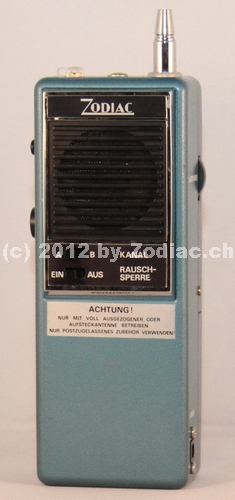 Zodiac P-500
Typ:CB-Gerät
Frequenz:27 MHz
Modulationsart:AM
Kanäle:2
Leistung:0,5 Watt
Hergestellt ab: 	1976

Schlüsselwörter: Zodiac P-500