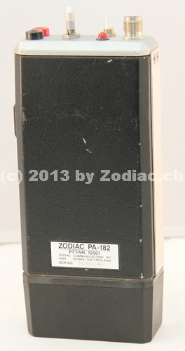 Zodiac PA-182 Rückseite
Typ:VHF-Gerät
Frequenz:146 - 174 MHz
Modulationsart:FM
Kanäle:1
Leistung:1 Watt
Hergestellt ab: 	19??
Schlüsselwörter: Zodiac PA-182 Rückseite
