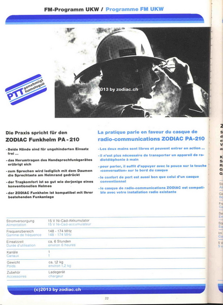 Zodiac PA-210
Zodiac Funkhelm
Frequenz: 160.300 MHz
Frequenzbereich vom 148-174 MHz
Kanäle: 1
Weitere Daten nicht bekannt 
Schlüsselwörter: Zodiac PA-210;funkhelm