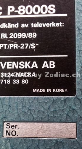 Zodiac P-8000S SN
Typ:CB-Gerät
Frequenz:26.965-27.405 MHz
Modulationsart:FM
Kanäle:40
Leistung:2 Watt
Hergestellt ab: 1989
Sonstiges: Gerät für den schwedischen Markt. Das besondere an diesem Gerät ist, dass es die Seriennummer 2 trägt
Das Gerät ist eines von 3 Vorserienmuster von Maxon Korea
vom Zodiac P-8000 gab es 3 verschiedene Versionen
Schlüsselwörter: Zodiac P-8000S SN