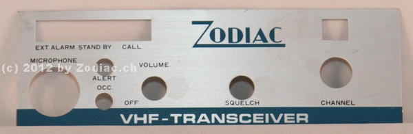 Zodiac VHF-Transceiver
Mit dieser Frontblende war es geplant ein
VHF-Gerät im Gehäuse wie das M-2006 zu
entwickeln. Leider blieb es bei der Frontblende.
Von dieser Frontblende gibt es genau 2 Stück.
Schlüsselwörter: Zodiac VHF-Transceiver