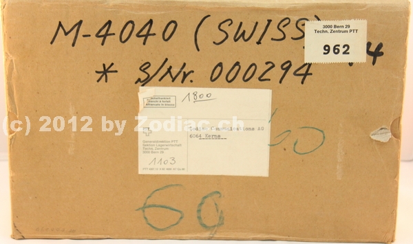 Zodiac M-4040 Prüfmuster Schweiz OVP
Typ:CB-Gerät
Frequenz:26.965-27.405 MHz
Kanäle:40
Modulationsart:FM
Leistung:4 Watt
Hergestellt ab:1984
Sonstiges: Prüfmuster Schweiz. Gerät hat noch keine Gerätebezeichnung
Schlüsselwörter: Zodiac M-4040 Prüfmuster Schweiz OVP